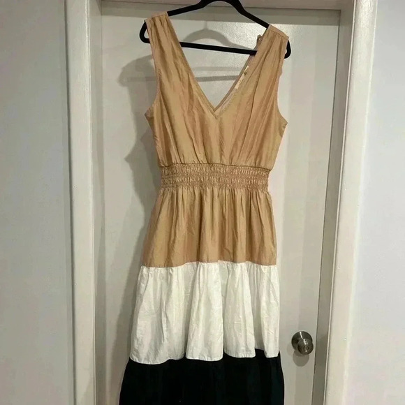 Anthropologie Maeve State Colorblock Maxi Dress Smocked Tan White Black - Picture 3 of 5